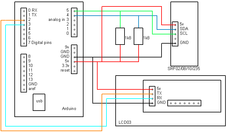 arduino与srf08等超声波模块的连接图