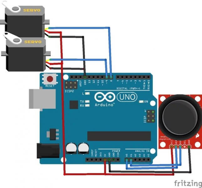 Arduino使用ps2 joystick模块控制舵机电路连接图