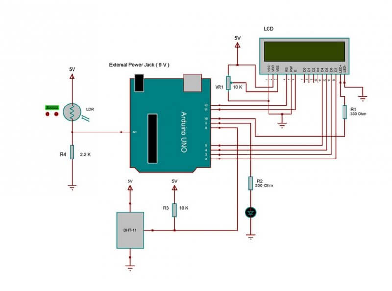 通过Arduino和LDR传感器实现LCD亮度控制电路图