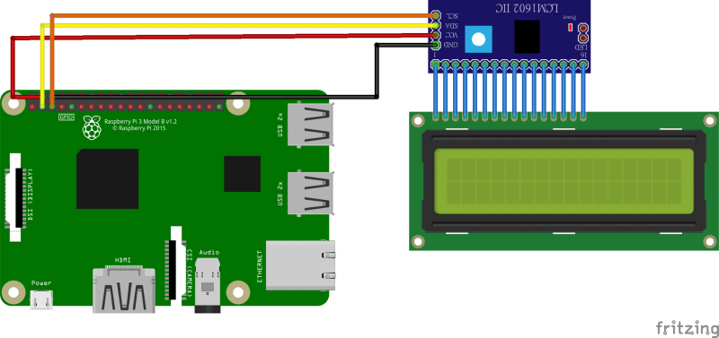 LCD 1602液晶屏模块通过I2C总线模块连接到树莓派3b